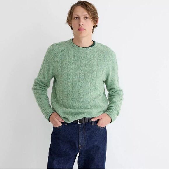 NWT J Crew 100% Wool Brushed Cable Knit Crewneck Sweater in Heather Mint Green - Picture 1 of 7